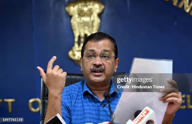 Delhi Chief Minister Arvind Kejriwal address a press conference to introduce the "Winter Action Plan" in the continuous battle against pollution in...