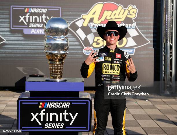 John Hunter Nemechek, driver of the Romco Equipment Toyota, celebrates in victory lane after winning the NASCAR Xfinity Series Andy's Frozen Custard...