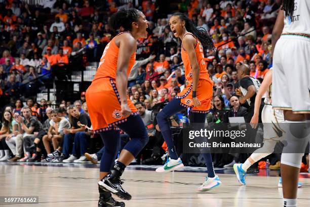 DeWanna Bonner of the Connecticut Sun celebrates a play during game three of the 2023 WNBA Playoffs semifinals against the New York Liberty on...