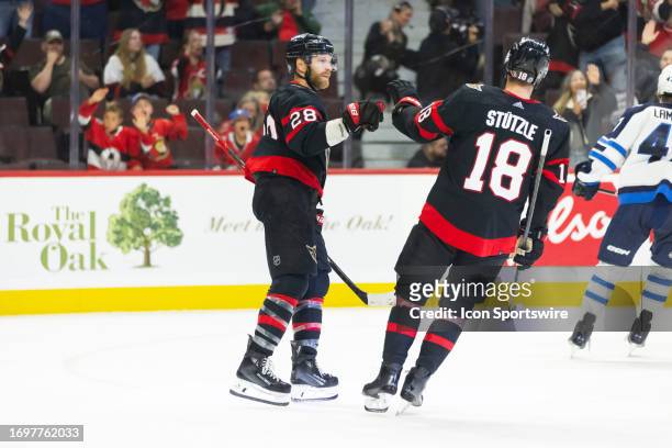 Ottawa Senators Right Wing Claude Giroux celebrates his goal with Left Wing Tim Stützle during second period National Hockey League action between...