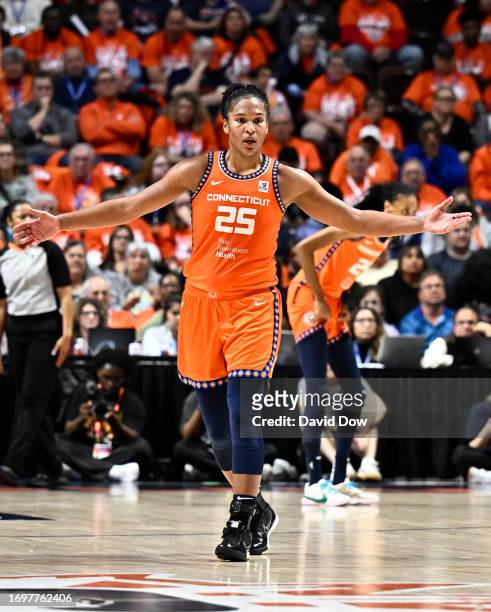 Alyssa Thomas of the Connecticut Sun looks on against the New York Liberty on September 29, 2023 in Uncasville, CT at Mohegan Sun Arena. NOTE TO...