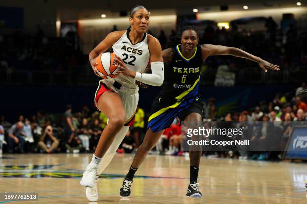 Ja Wilson of the Las Vegas Aces drives to the basket during the game against the Dallas Wings on September 29, 2023 at the College Park Center in...
