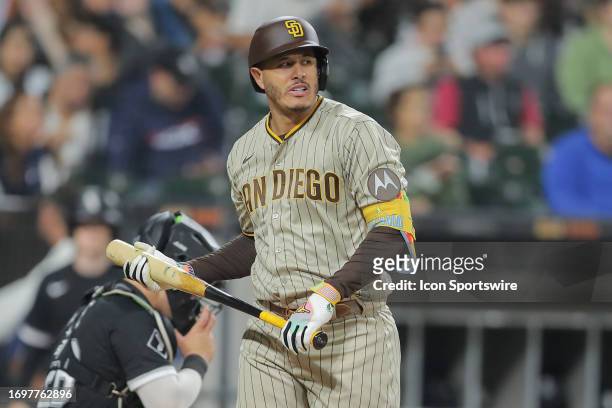 San Diego Padres third baseman Manny Machado looks on after striking out during a Major League Baseball game between the San Diego Padres and the...