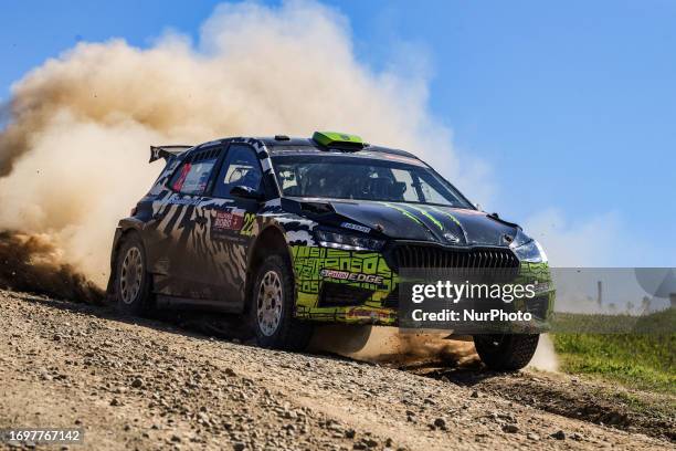 Oliver Solberg and Elliott Edmondson of Team Oliver Solberg Skoda Fabia Rs are currently participating in Day 1 of the FIA World Rally Championship...