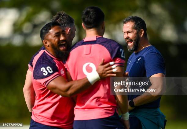 Tours , France - 30 September 2023; Head coach Andy Farrell laughs with Bundee Aki and Conor Murray during an Ireland rugby squad training session at...
