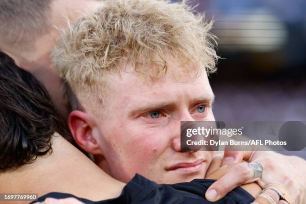 John Noble of the Magpies is seen during the 2023 AFL Grand Final match between the Collingwood Magpies and the Brisbane Lions at the Melbourne...