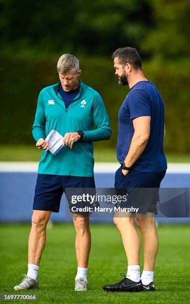 Tours , France - 30 September 2023; Head coach Andy Farrell and defence coach Simon Easterbyduring an Ireland rugby squad training session at...