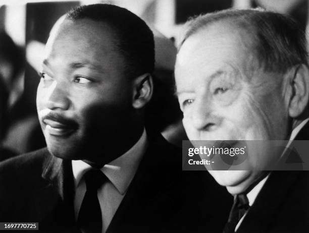 Clergyman and leader of the Movement against Racial Segregation Martin Luther King , is welcomed by the chairman of the Nobel committee Gunnar Jahn...