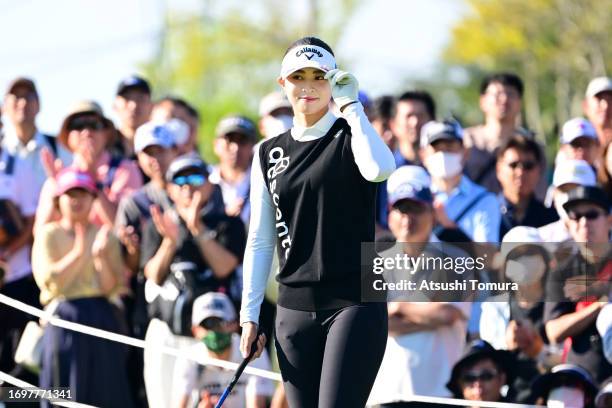 Asuka Kashiwabara of Japan is introduced on the 1st tee during the final round of 50th Miyagi TV Cup Dunlop Ladies Open Golf Tournament at Rifu Golf...