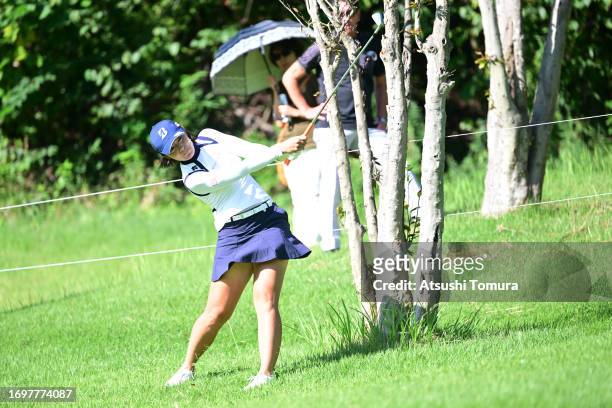 Ayaka Watanabe of Japan hits her second shot 10 during the final round of 50th Miyagi TV Cup Dunlop Ladies Open Golf Tournament at Rifu Golf Club on...
