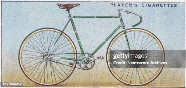 Collectible tobacco or cigarette card, 'Cycling' series, published in 1939 by John Player and Sons Cigarettes, depicting the 100 year history of the...