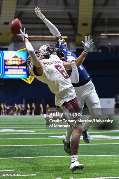 Keelan White of the Montana Grizzlies looks to catch a pass over a Northern Arizona Lumberjacks defender in the fourth quarter at the J. Lawrence...