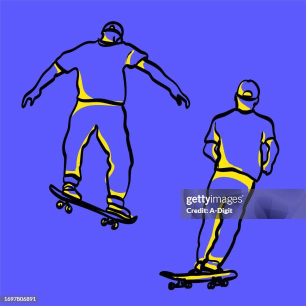 teenage guy stakeboard violet background - blue baseball cap stock illustrations