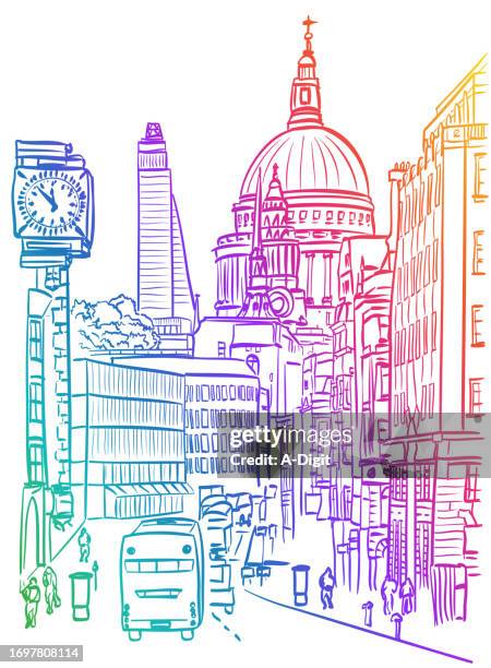 downtown london st paul's cathedral rainbow - urban road stock illustrations