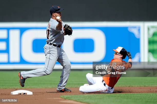 Jhonny Peralta of the Detroit Tigers forces out Nate Mclouth of the Baltimore Orioles to start a double play in the first inning at Oriole Park at...