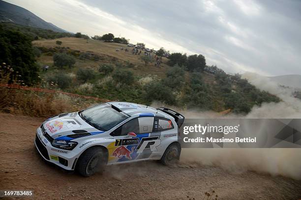 Jari Matti Latvala of Finland and Mikka Anttila of Finland compete in their Volkswagen Motorsport Polo R WRC during Day One of the WRC Greece on June...