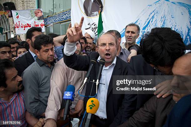 Iranian presidential candidate, Mohammad-Bagher Ghalibaf, speaks to his supporters during a campaign rally June 1, 2013 in Sari, center of Mazandaran...