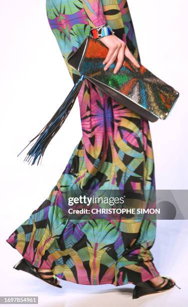 Model presents a creation by British designer Matthew Williamson for Pucci during the Spring/Summer 2008 collections of the Milan ready-to-wear...