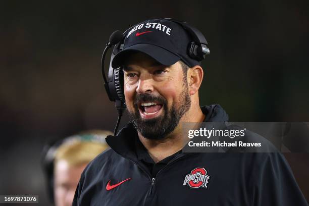 Head coach Ryan Day of the Ohio State Buckeyes looks on against the Notre Dame Fighting Irish during the first half at Notre Dame Stadium on...