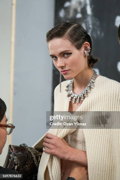 Model backstage ahead of the Jil Sander fashion show during the Milan Fashion Week Womenswear Spring/Summer 2024 on September 23, 2023 in Milan,...