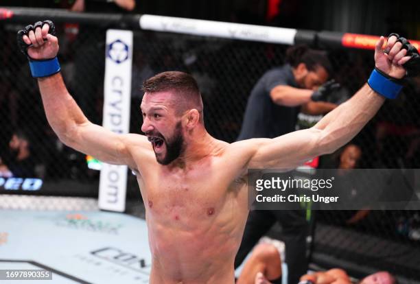 Mateusz Gamrot of Poland reacts after his victory over Rafael Fiziev of Kazakstan in a lightweight fight during the UFC Fight Night event at UFC APEX...