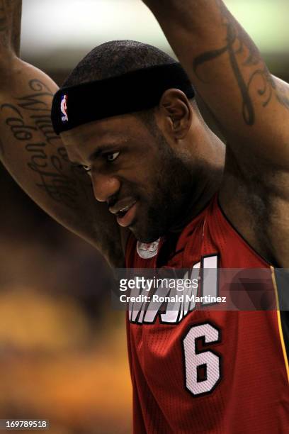 LeBron James of the Miami Heat looks on before Game Six of the Eastern Conference Finals against the Indiana Pacers during the 2013 NBA Playoffs at...