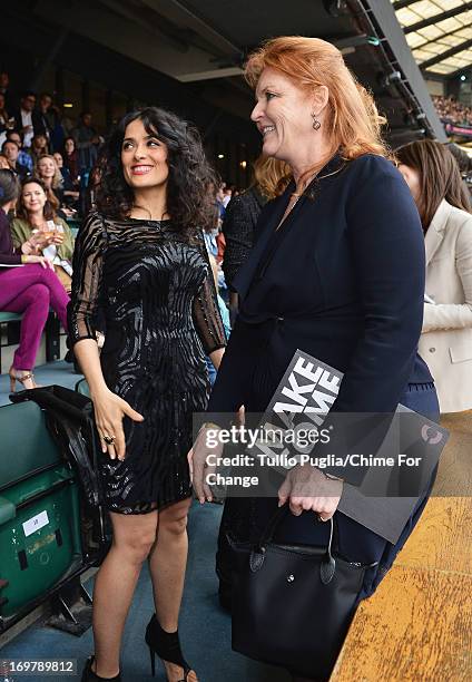 Salma Hayek and Sarah Ferguson inside the Royal Box at the "Chime For Change: The Sound Of Change Live" Concert at Twickenham Stadium on June 1, 2013...