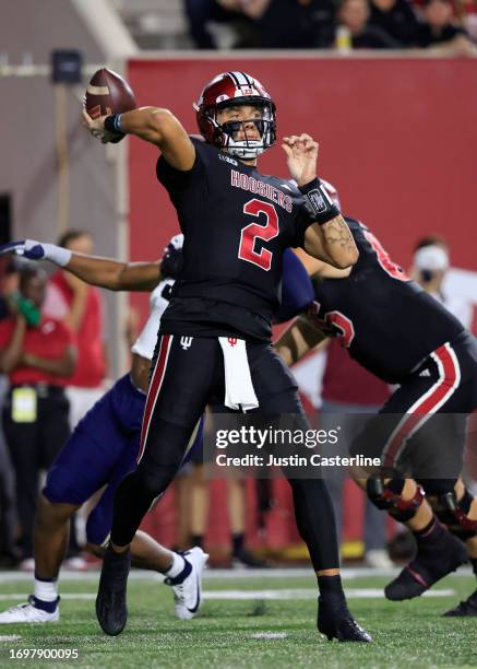 Tayven Jackson of the Indiana Hoosiers passes the ball during the first half of the game against the Akron Zips at Memorial Stadium on September 23,...