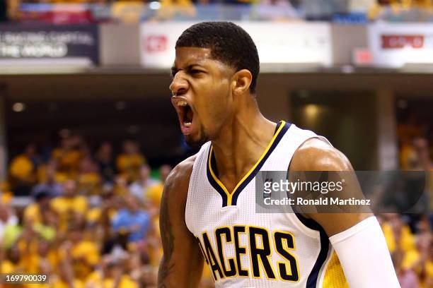 Paul George of the Indiana Pacers celebrates after a play against the Miami Heat in Game Six of the Eastern Conference Finals during the 2013 NBA...