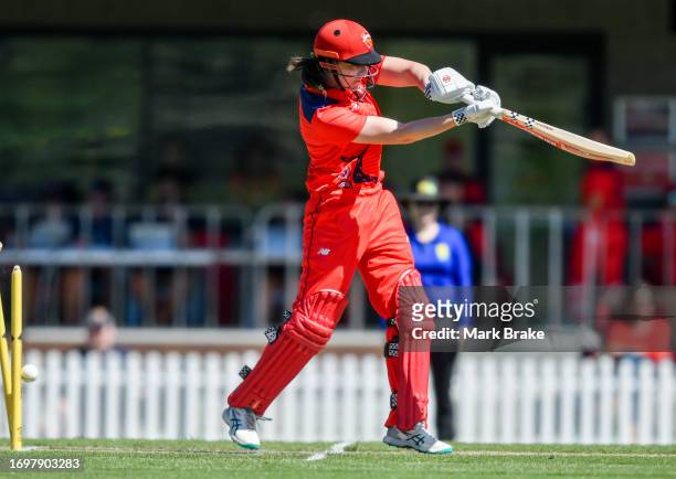 Tahlia McGrath of the Scorpions bowled by Holly Ferling of the Meteors during the WNCL match between South Australia and ACT at Karen Rolton Oval, on...
