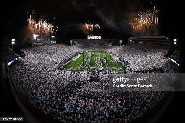 General view as fireworks explode before the White Out game between the Penn State Nittany Lions and the Iowa Hawkeyes at Beaver Stadium on September...