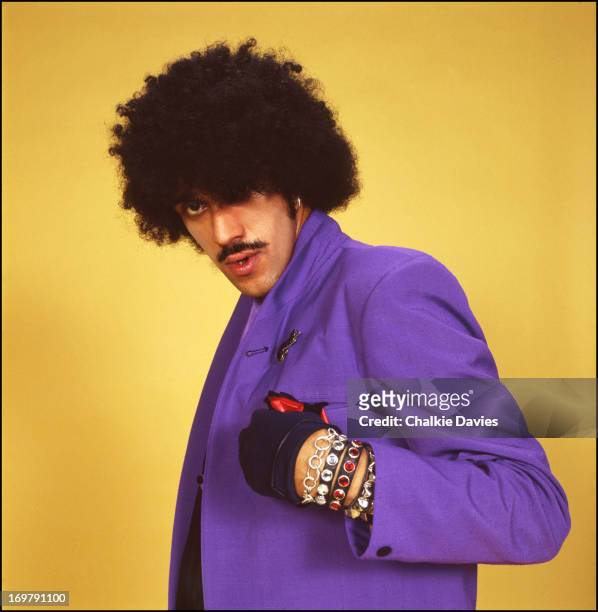Portrait of Phil Lynott from Thin Lizzy, photographed in a studio in Paris during the recording of the album 'Black Rose', 1979.