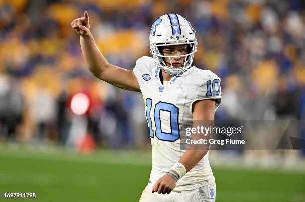 Drake Maye of the North Carolina Tar Heels celebrates after a North Carolina Tar Heels touchdown in the first quarter against the Pittsburgh Panthers...