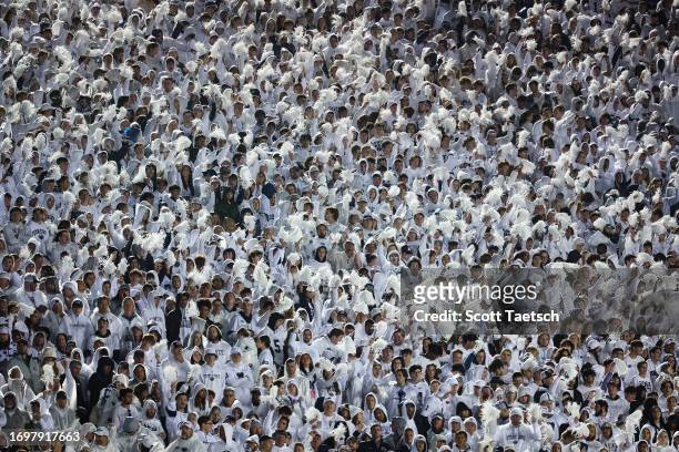 General view as Penn State fans cheer during the first half of the White Out game between the Penn State Nittany Lions and the Iowa Hawkeyes at...