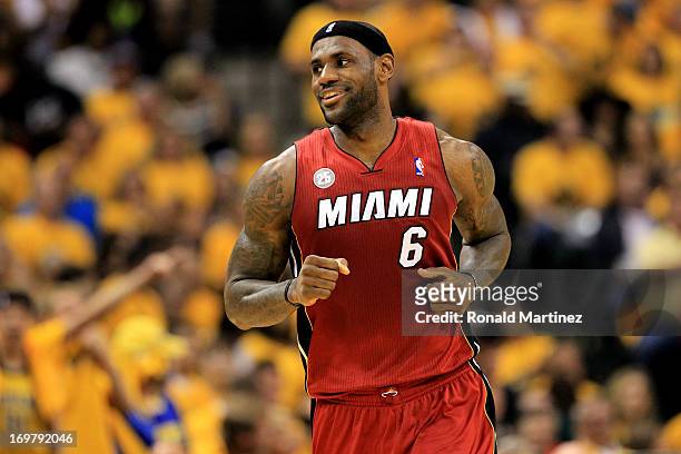 LeBron James of the Miami Heat celebrates after a dunk against the Indiana Pacers in Game Six of the Eastern Conference Finals during the 2013 NBA...