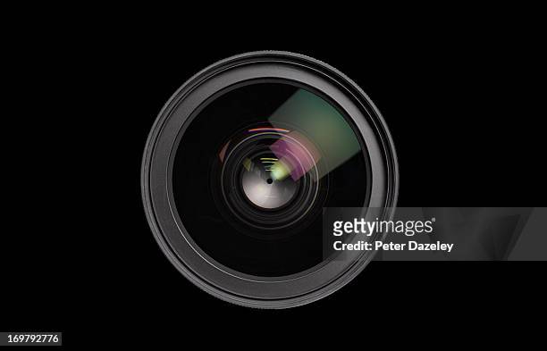 close up of lens on black background - bewakingscamera stockfoto's en -beelden