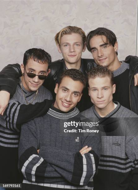 American boy band the Backstreet Boys, circa 1995. They are A. J. McLean, Howie Dorough, Nick Carter, Kevin Richardson, and Brian Littrell.