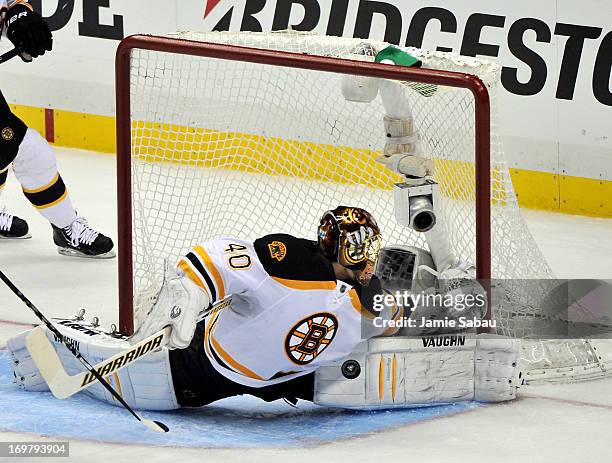 Tuukka Rask of the Boston Bruins makes a save against the Pittsburgh Penguins during Game One of the Eastern Conference Final of the 2013 NHL Stanley...