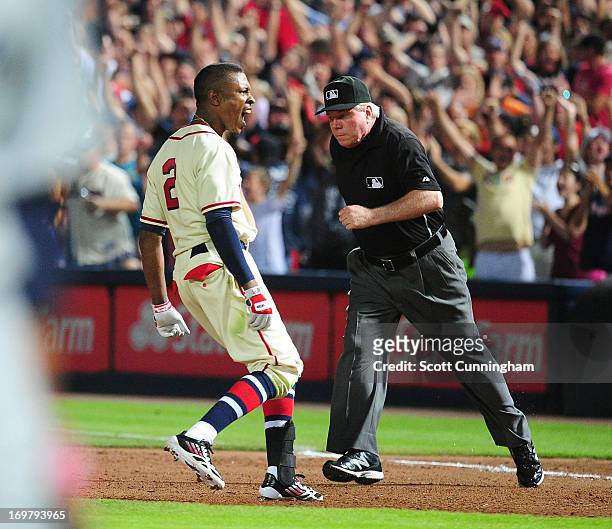 Upton of the Atlanta Braves reacts after knocking in the game-winning run in the 10th inning against the Washington Nationals at Turner Field on June...