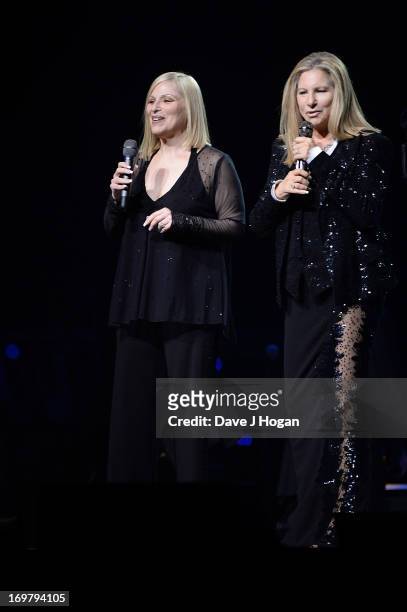 Musician Barbra Streisand performs on stage with her sister Roslyn Kind in concert at O2 Arena on June 1, 2013 in London, England.
