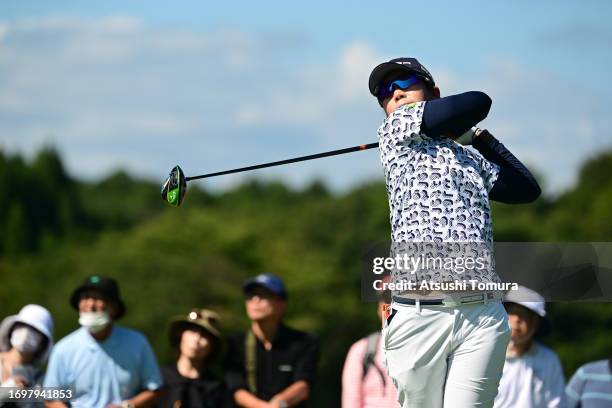 Lala Anai of Japan hits her tee shot on the 9th hole during the final round of 50th Miyagi TV Cup Dunlop Ladies Open Golf Tournament at Rifu Golf...