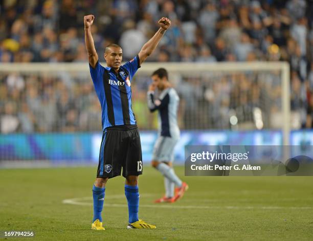 Defender Matteo Ferrari of the Montreal Impact celebrates after beating Sporting Kansas City on June 1, 2013 at Sporting Park in Kansas City, Kansas....