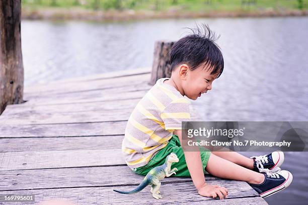 little boy sitting by the lake. - dinosaur toy i stock pictures, royalty-free photos & images