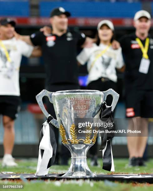 The Premiership Cup is seen during the 2023 AFL Grand Final match between the Collingwood Magpies and the Brisbane Lions at the Melbourne Cricket...