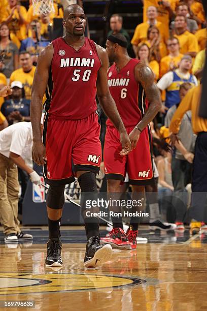 Joel Anthony of the Miami Heat walks up the court against the Indiana Pacers in Game Six of the Eastern Conference Finals during the 2013 NBA...
