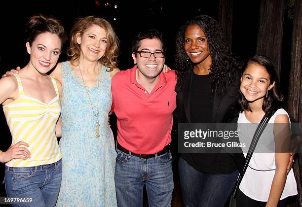 Laura Osnes, Victoria Clark, Andy Einhorn, Audra McDonald and daughter Zoe Madeline Donovan pose backstage at the hit musical "Cinderella" on...