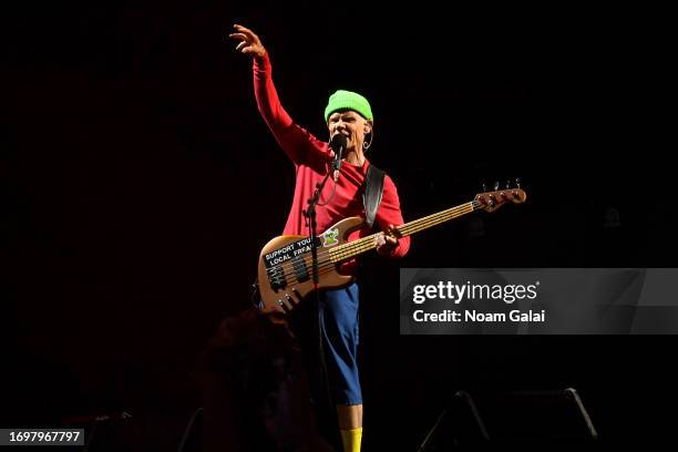 Flea, of Red Hot Chili Peppers, performs onstage during Global Citizen Festival 2023 at Central Park on September 23, 2023 in New York City.