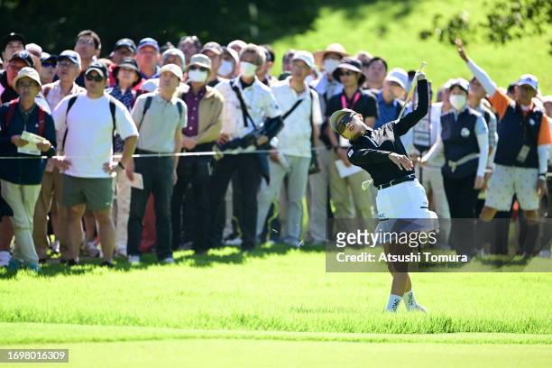 Yuka Yasuda of Japan hits her third shot on the 2nd hole during the final round of 50th Miyagi TV Cup Dunlop Ladies Open Golf Tournament at Rifu Golf...