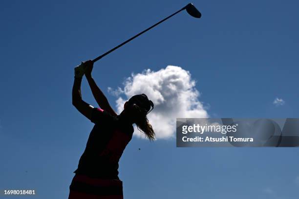 Momoko Ueda of Japan hits her tee shot 9 during the final round of 50th Miyagi TV Cup Dunlop Ladies Open Golf Tournament at Rifu Golf Club on...