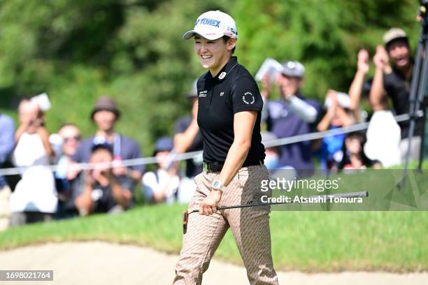 Akie Iwai of Japan celebrates the eagle on the 8th green during the final round of 50th Miyagi TV Cup Dunlop Ladies Open Golf Tournament at Rifu Golf...
